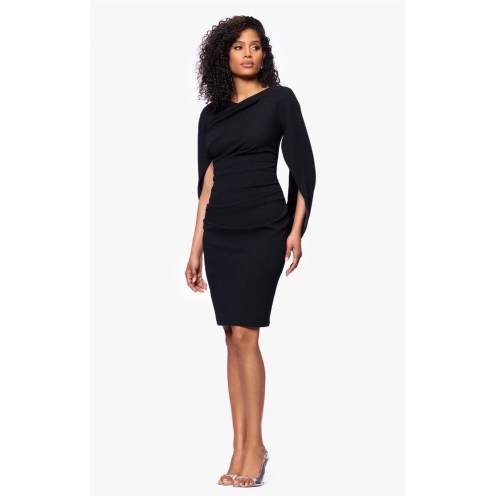 Betsy & Adam Cape Sleeve Crepe Sheath Dress in Black Size 8